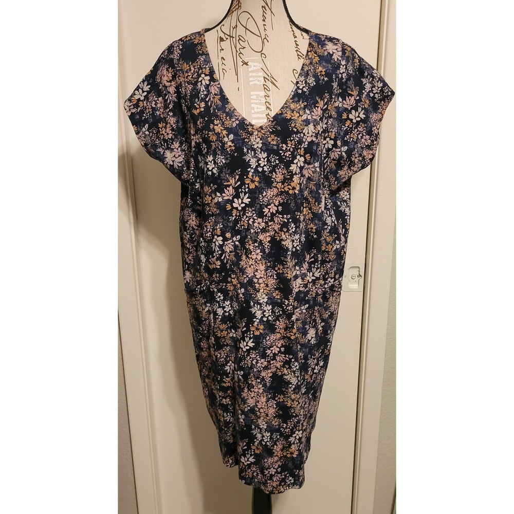 Pure Jill J Jill Floral Easy Knit Cotton Two Pocket Dress Navy Large Petite LP